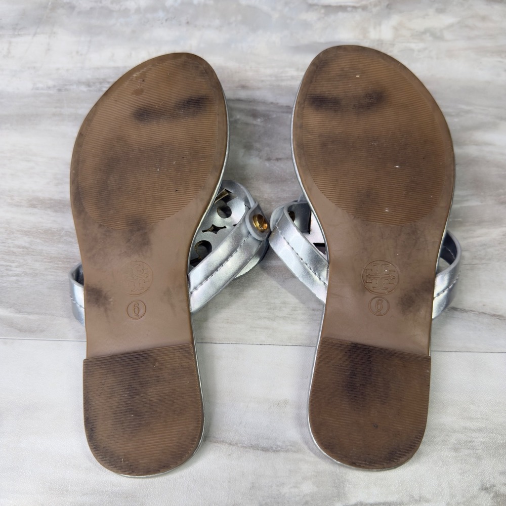 Tory Burch Miller Thong Sandals Womens Size 6 Metallic Logo Silver - Picture 7 of 8